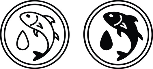 Icons of Omega 3 Fatty Acids. Black and White Vector Icons. Sea Fish and Drop of Oil. Label for Packaging of Medicines and Food Products