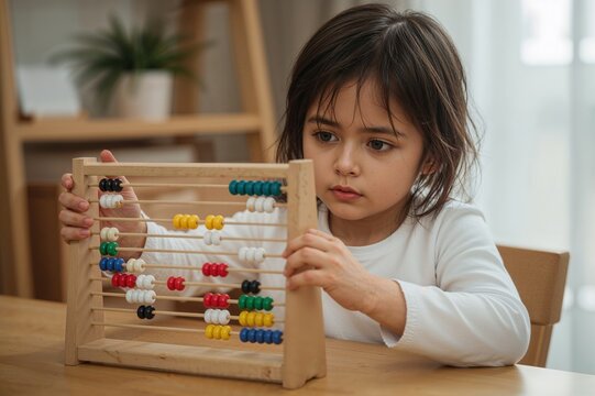 Little girl using rainbow bead abacus for number learning, preschool educational toy and early math development concept, childhood learning photography
 - Powered by Adobe