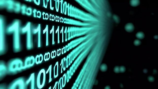 A flowing stream of glowing binary code in a neon cyberpunk style, symbolizing digital communication
