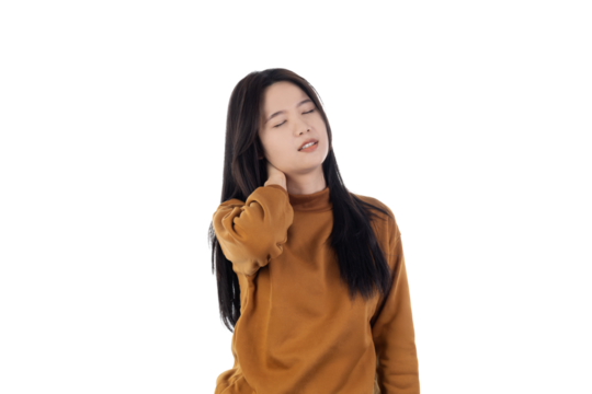 Young Asian woman suffering from neck pain, massaging her tense shoulders. Concept for office syndrome, muscle strain, stress, and healthcare issues isolated on white background with clipping path.