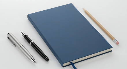 A composition-style notebook with a solid cover, isolated on a bright white background, with a simple arrangement of writing instruments around it