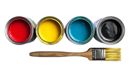 paint cans and brush isolated on transparent background