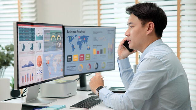 Asia people expert man tech talent working on project predict sales insight SEO graph chart AI smart plan visual big data science report center BI smart tools screen. Office worker asian analyst job.