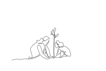 mother teacher little girl planting saplings together greenery education agriculture gardening growth one line art vector