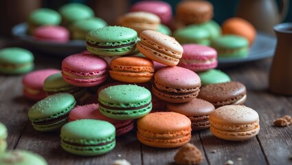 Colorful macarons arranged on a rustic wooden surface with a blurred background.