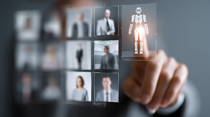 AI recruiting technology concept. Leveraging artificial intelligence in the talent acquisition process. A robot selecting candidates for hiring. HR technology ecosystem strategies for human resource .
