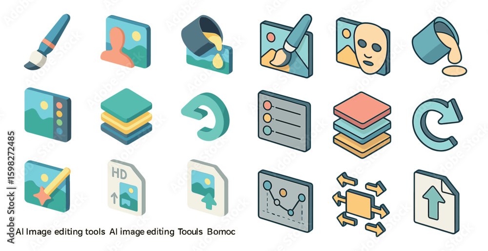Poster ai image editing tools isometric icons set – 3d, flat, design and graphic resources