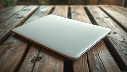 Fototapeta premium A closed laptop on wooden surface.