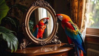 Scarlet Macaw's Reflection in an Antique Mirror