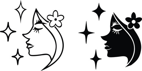 Beauty Icons. Black and White Vector Illustrations. Beautiful Girl Face with Flower in Hair. Fashion Concept
