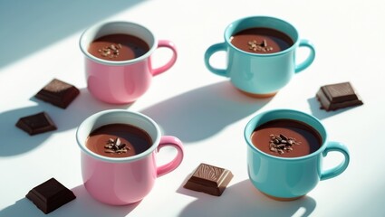Obraz premium Four coffee mugs in pink and blue with chocolates beside, filled with hot chocolate topped with chocolate shavings.