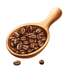 Obraz premium Illustration of a wooden scoop overflows with roasted coffee beans, with a few scattered around it, all set against a clean white background.