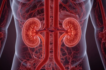 Human renal system anatomy illustration showing kidneys with blood vessels, medical education concept, healthcare 3D rendering for urological presentations


