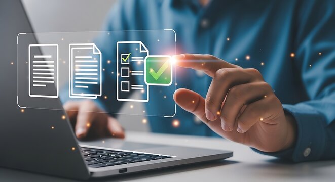 Person completing digital checklist on laptop screen, highlighting technology's role in modern tasks and efficiency