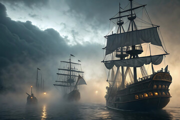 Epic Dark Seascape with Sailing Ships – Cinematic Maritime Adventure in Misty Ocean

