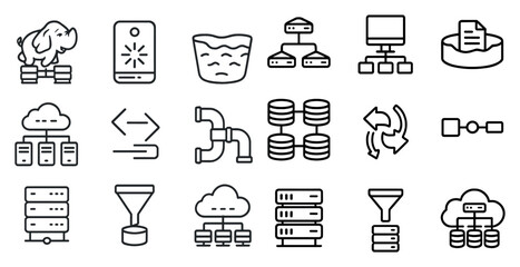 Data management outline icons set – tech, cloud, database symbols