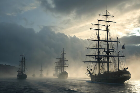 Epic Dark Seascape with Sailing Ships &ndash; Cinematic Maritime Adventure in Misty Ocean

