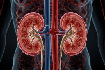 Anatomical kidney illustration with vascular system, medical education 3D rendering, nephrology healthcare concept, human organ anatomy for medical training

