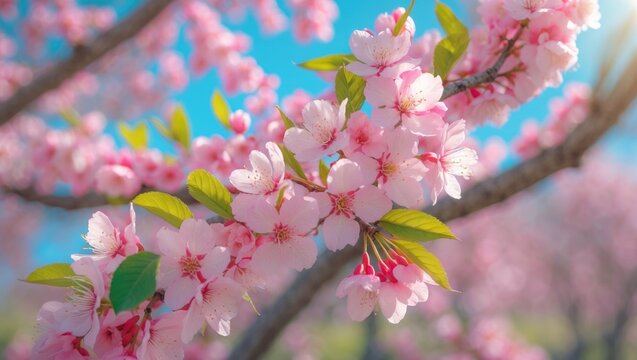 Cherry blossoms in full bloom with pink flowers and green leaves against a clear blue sky. - Powered by Adobe