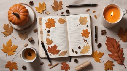 autumn leaves on wooden background