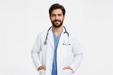Professional male doctor wearing medical mask and stethoscope in white coat, healthcare worker portrait, medical professional photography for clinical use
