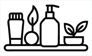 Minimalist line art depicting natural skincare products and botanical elements on a shelf for a serene spa experience