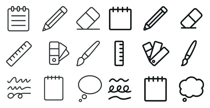 Writing and drawing outline icons set – line art, stationery, creative tools