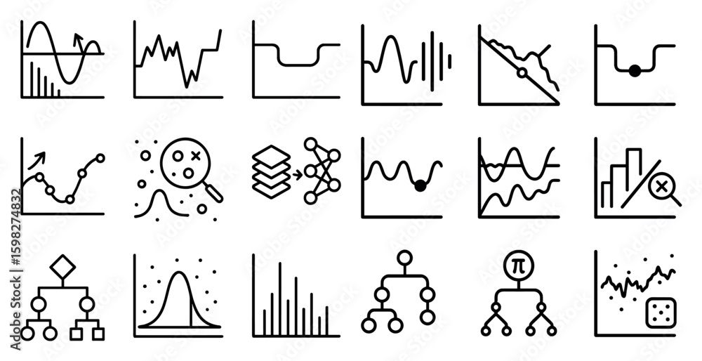 Poster data analysis line icons set – linear charts, statistics, graph symbols