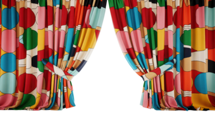 Colorful Abstract Geometric Pattern Curtains Draped Open, Revealing Transparent Background