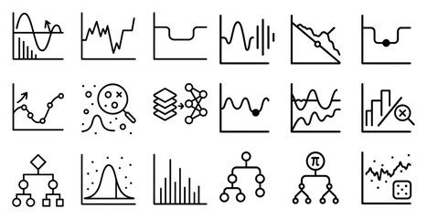 Data analysis line icons set – linear charts, statistics, graph symbols