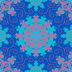 seamless floral pattern,blue,pink,green curves and paint into flowers shape and leaves with blue background in geometric patterns to create sarong,batik,tile,fabric,printed fabric,tablecloth patterns.