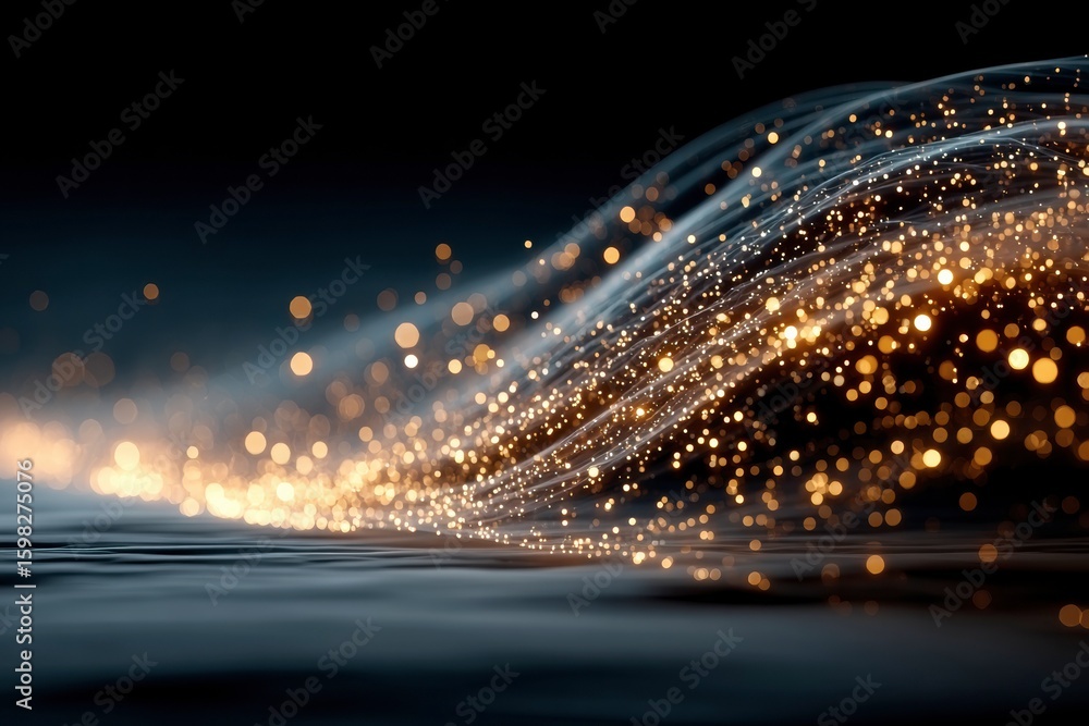 Poster abstract particle flow: an eye-level perspective showcases a captivating display of golden particles