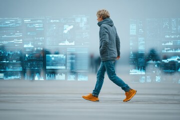 The Futuristic Stroll: A person walks confidently, surrounded by the suggestion of futuristic technology and data visualizations. This image captures the concept of progress.