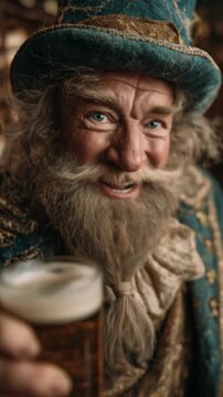 Old man with long white beard and blue hat holding glass of beer. Fantasy wizard or Santa Claus character drinking. Footage.