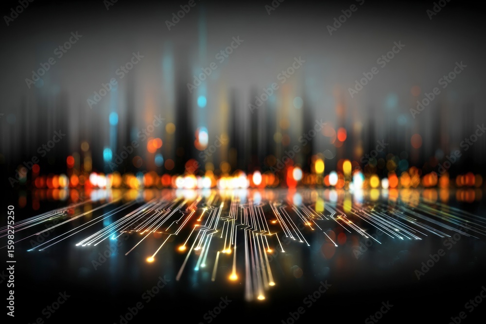 Poster illuminating connections: a captivating visual of an abstract city, rendered with vibrant light trai