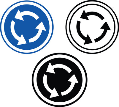 Signs Roundabout Ahead. Blue Round Road Signs. Roundabout Traffic Turn Left. Black and White Vector Icons