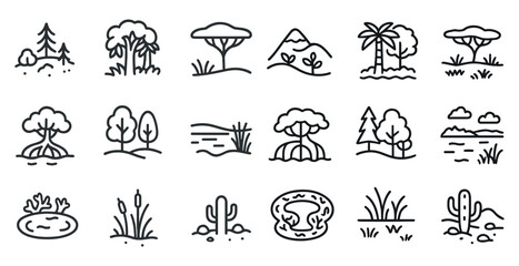 Nature outline icons set – greenery, trees, landscape illustration symbols