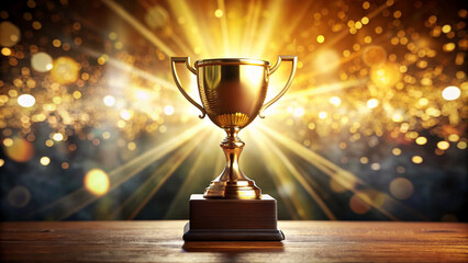 Glowing Gold Trophy on Podium with Dramatic Spotlight and Bokeh