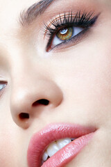Closeup macro shot of human female face. Woman with eyes and lips beauty makeup
