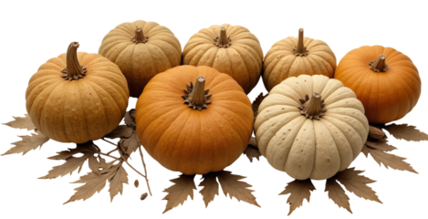 Multiple Pumpkins with Dry Leaves on Transparent Background