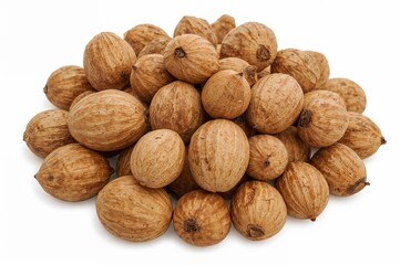 Group of raw walnuts with shells on clean white background, healthy tree nuts for cooking, organic natural food photography for dietary nutrition

