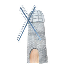 Fototapeta premium Traditional gray stone windmill with blue blades and wooden door. Watercolor illustration isolated on white. Ideal for countryside themes, travel posters, bakery branding, rustic landscape
