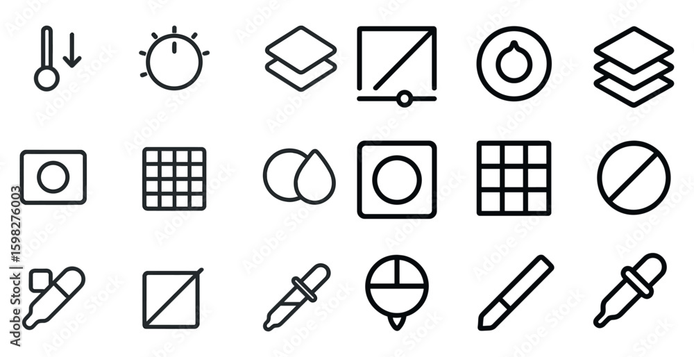 Poster measurement and tool outline icons set – linear, precise, calibration symbols