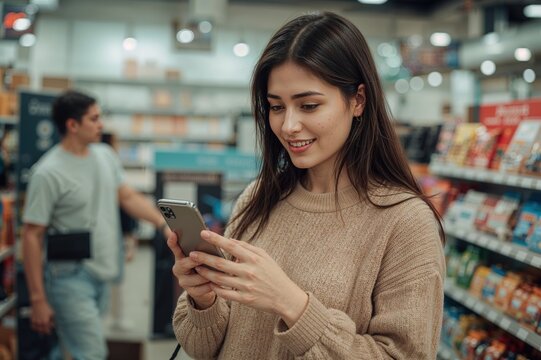 Woman with smartphone in busy shopping center, modern retail consumer lifestyle, mobile technology and shopping behavior photography for marketing
