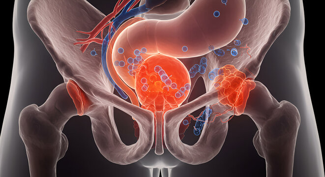 Chronic bacterial prostatitis in male pelvic anatomy 3D illustration