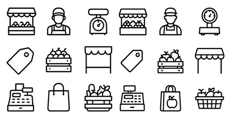 Farmers market outline icons set – flat, linear, produce and vendor symbols