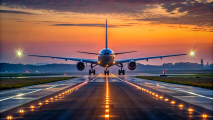 Lone Aircraft Taxiing with Illuminated Path at Dusk Under a Clear Twilight Sky