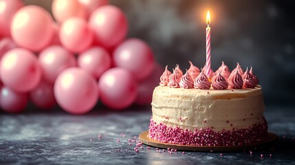 Pink birthday cake with candles and balloons.