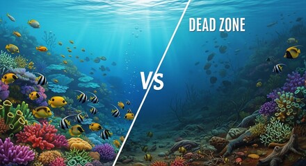 Healthy coral reef teeming with fish versus a barren, lifeless dead zone.