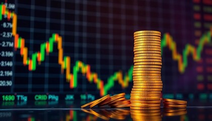 Golden coins stack rising against backdrop of falling stock market graph,  success,  inflation